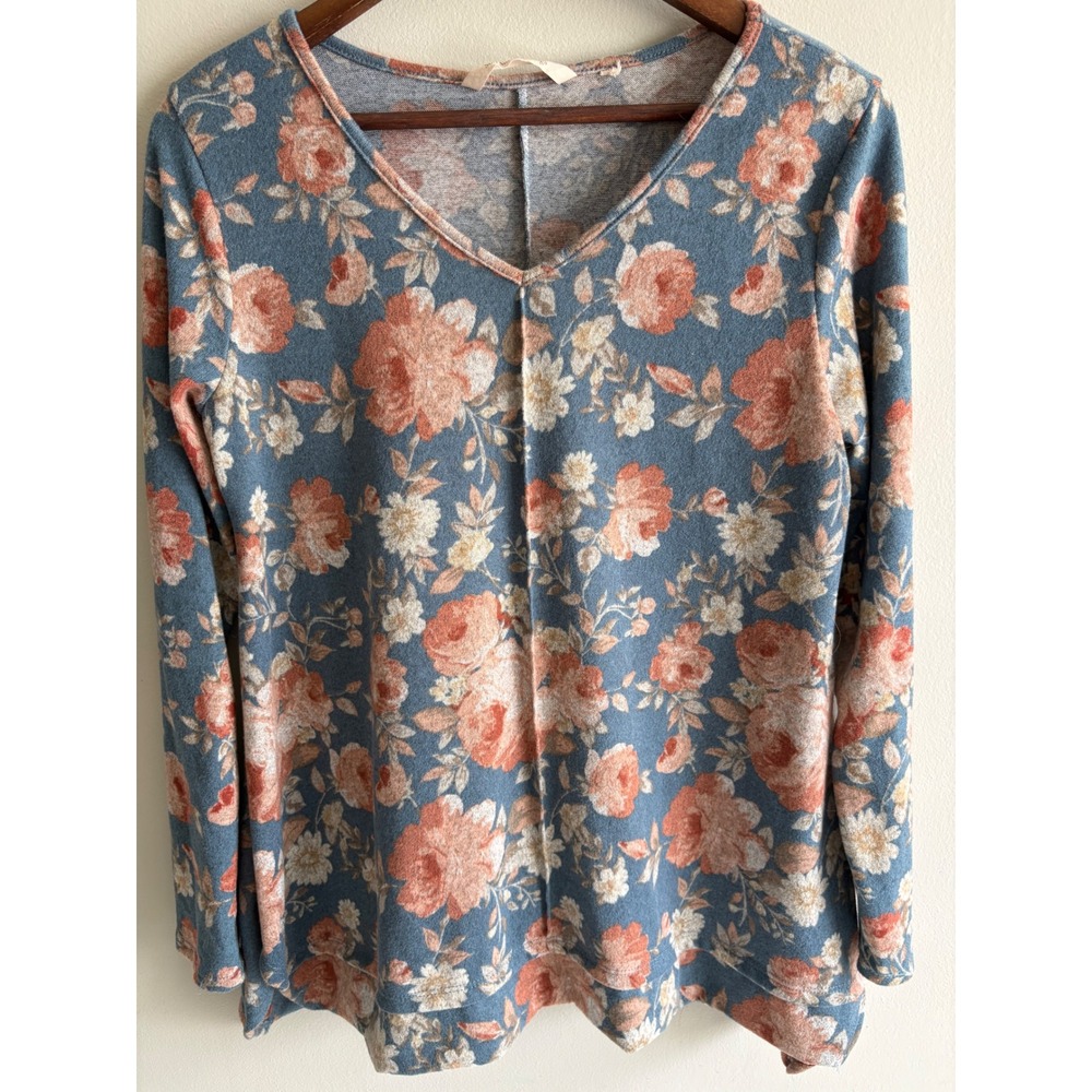 Soft Surroundings Floral V-Neck Long Sleeve Knit Top Blue Coral High Low Hem